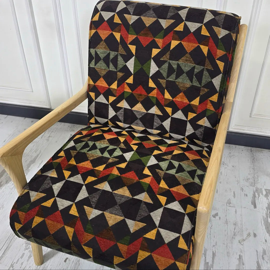 HASAGAÇ Flo Dişbudak Ahşap Natürel Ayaklı Geometrik Desenli Kumaş Berjer 90x66 cm