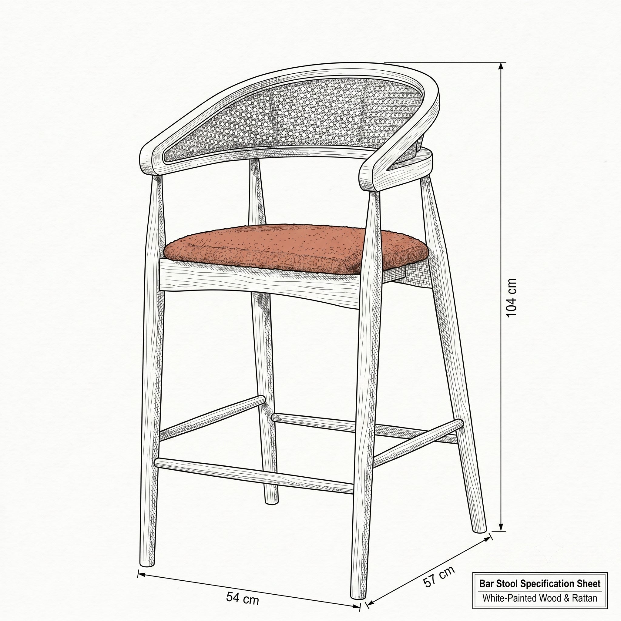 HASAGAÇ Matera Broken White Wooden Rattan Detailed Terracotta Color Bar Stool (54x57x104 cm)