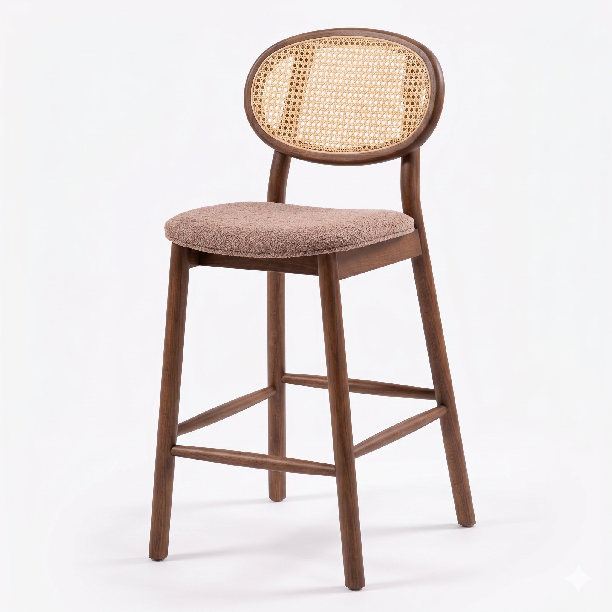 HASAGAÇ Venosa 8750 Ceviz Ahşap Hasır Sırtlı Bej Kumaş Bar Sandalyesi (49x55x110 cm)