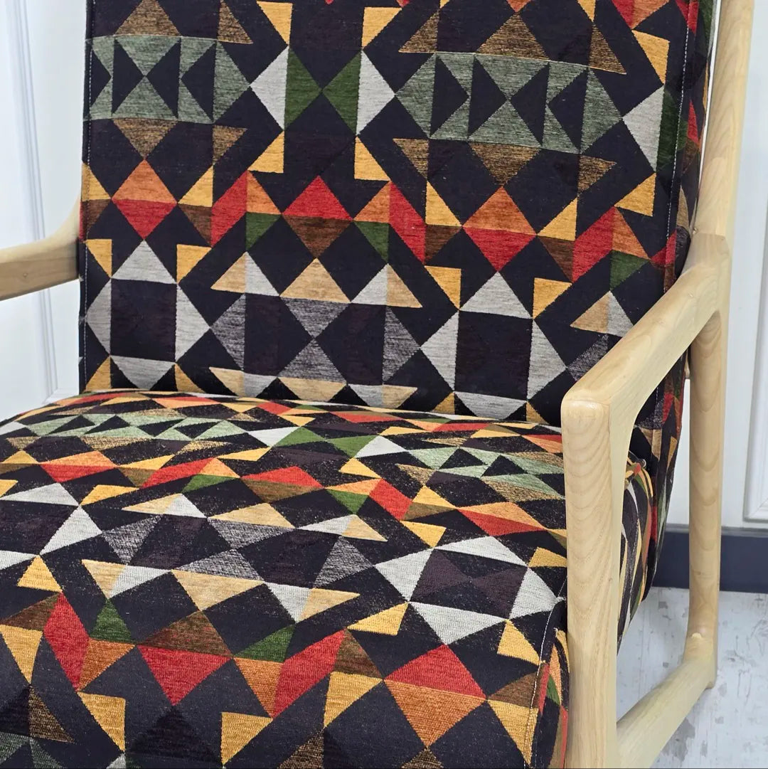 HASAGAÇ Flo Dişbudak Ahşap Natürel Ayaklı Geometrik Desenli Kumaş Berjer 90x66 cm