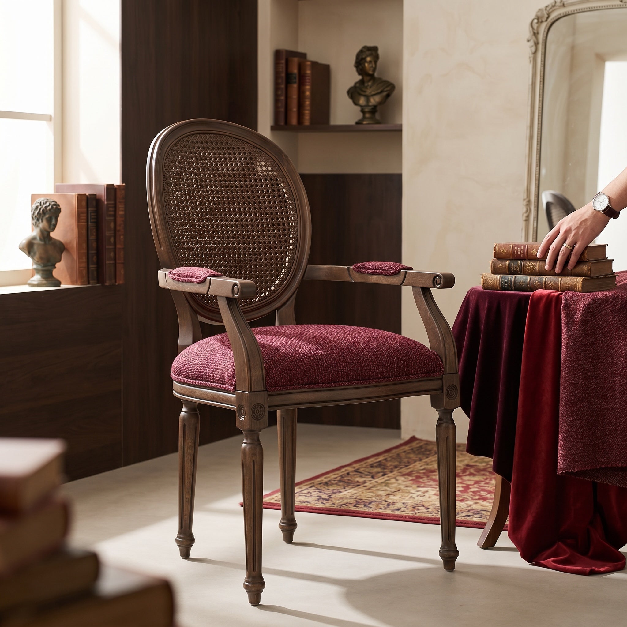 HASAGAÇ Ligu Klasik Bordo Ahşap Sandalye | Rattan Sırtlı, Kolçaklı Yemek & Salon Sandalyesi