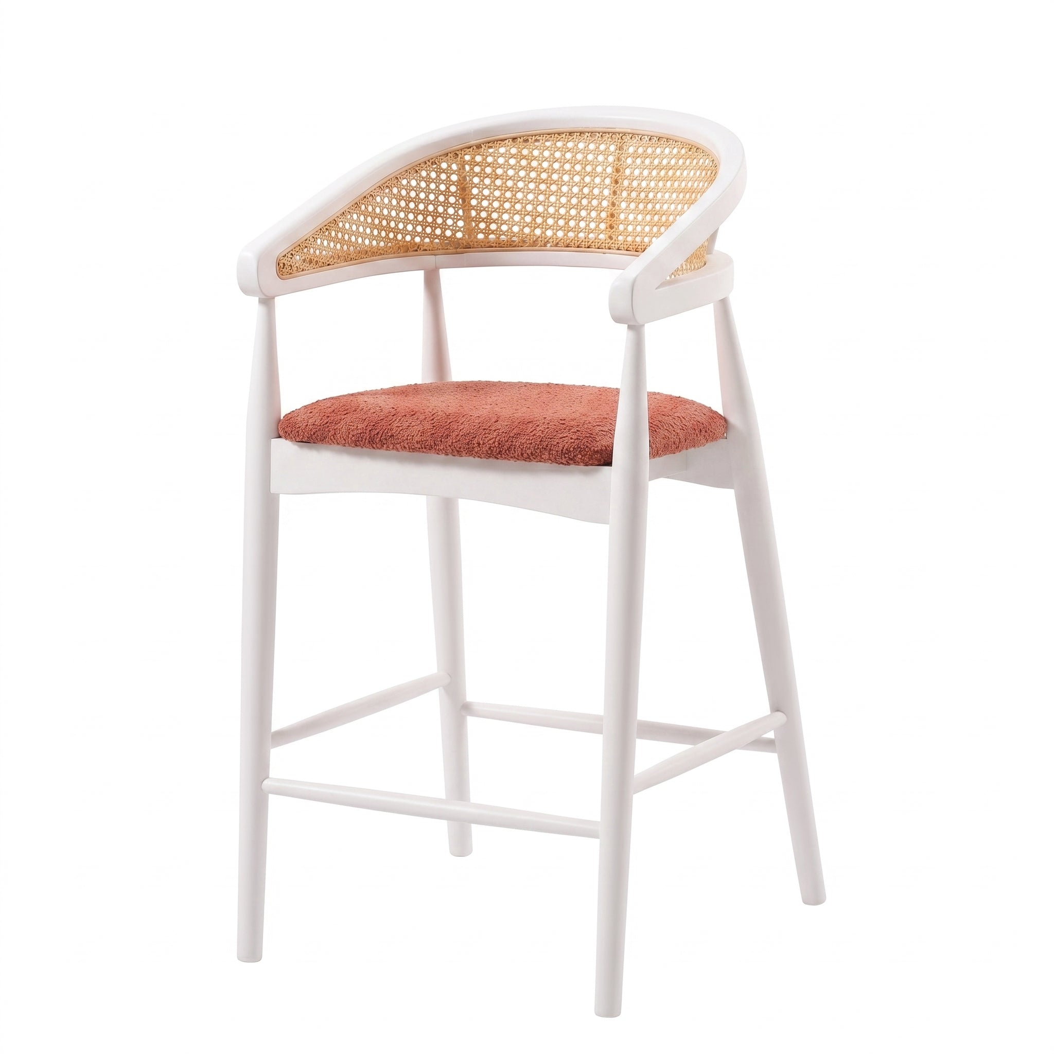 HASAGAÇ Matera Kırık Beyaz Ahşap Rattan Detaylı Kiremit Rengi Bar Sandalyesi (54x57x104 cm)