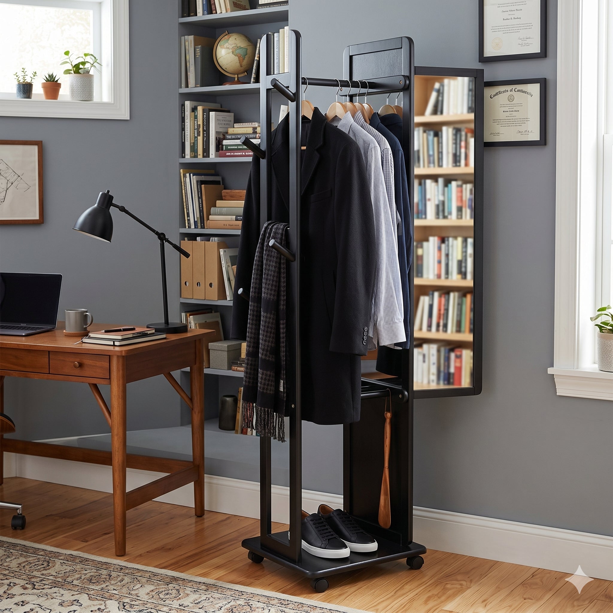 HASAGAÇ Matera Black Wooden Panel Mirrored Rolling Garment Rack, Valet Stand & Clothes Stand 39x45x177 cm