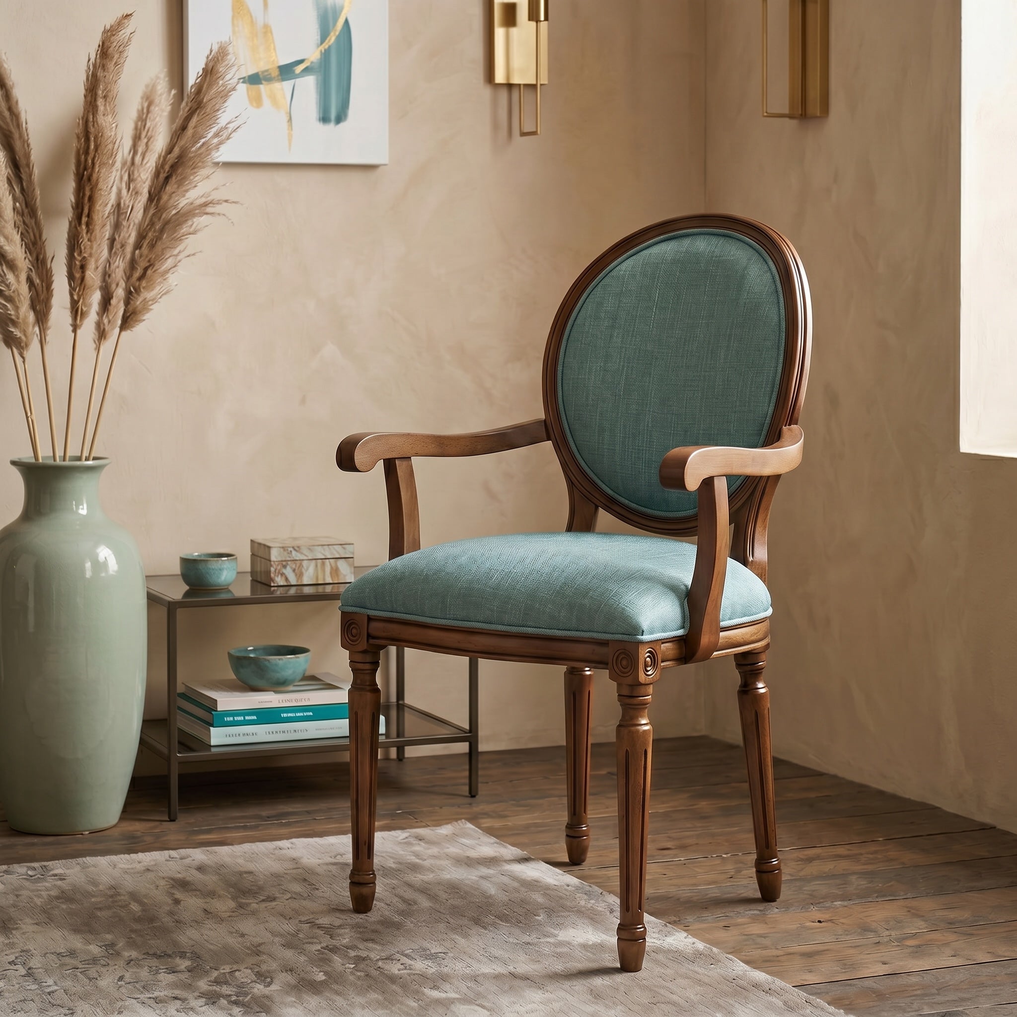 HASAGAÇ Caserta Classic Turquoise Armchair Wooden Chair - Dining Room & Living Room