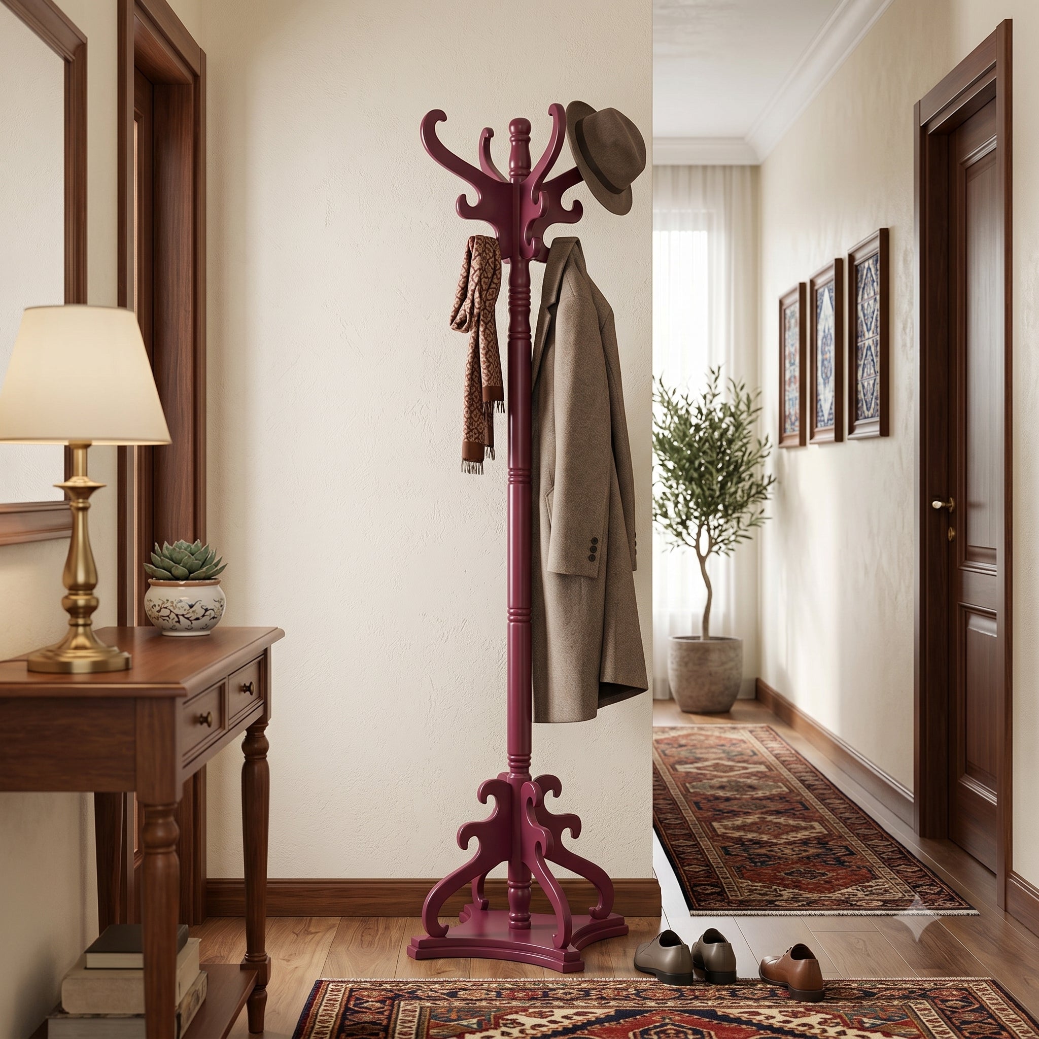 HASAGAÇ Bito Clothes Rack - 8250 Burgundy Classic Carved Solid Wood Coat Rack Valet Stand 183 cm
