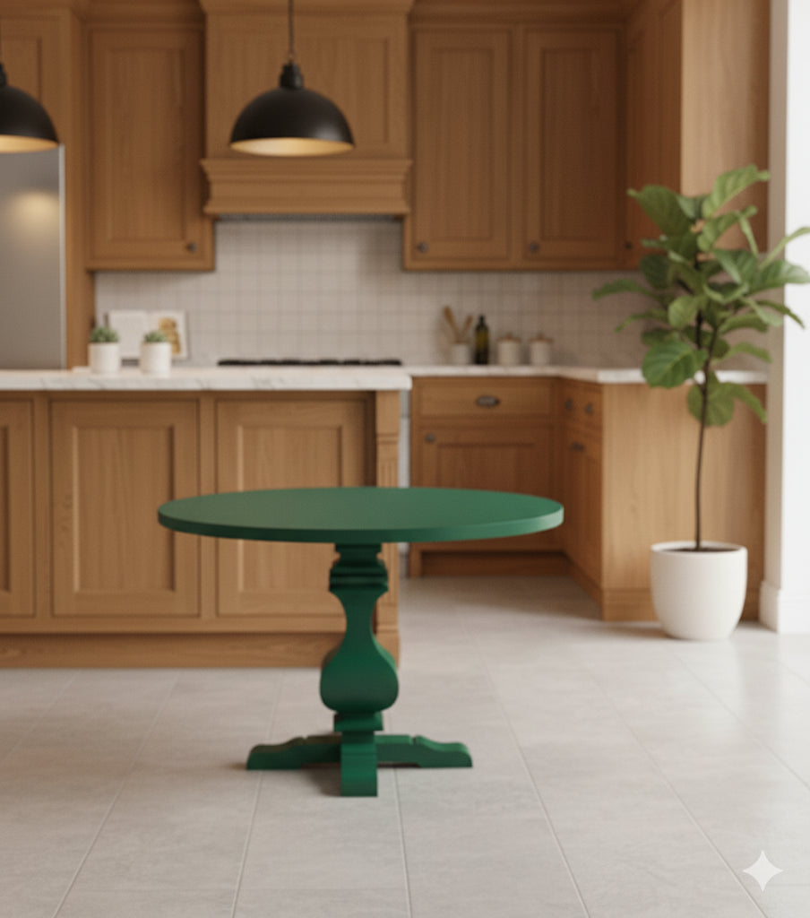 HASAGAÇ Mod Yuvarlak Yeşil Ahşap Yemek Masası - Modern Pedestal Tasarım