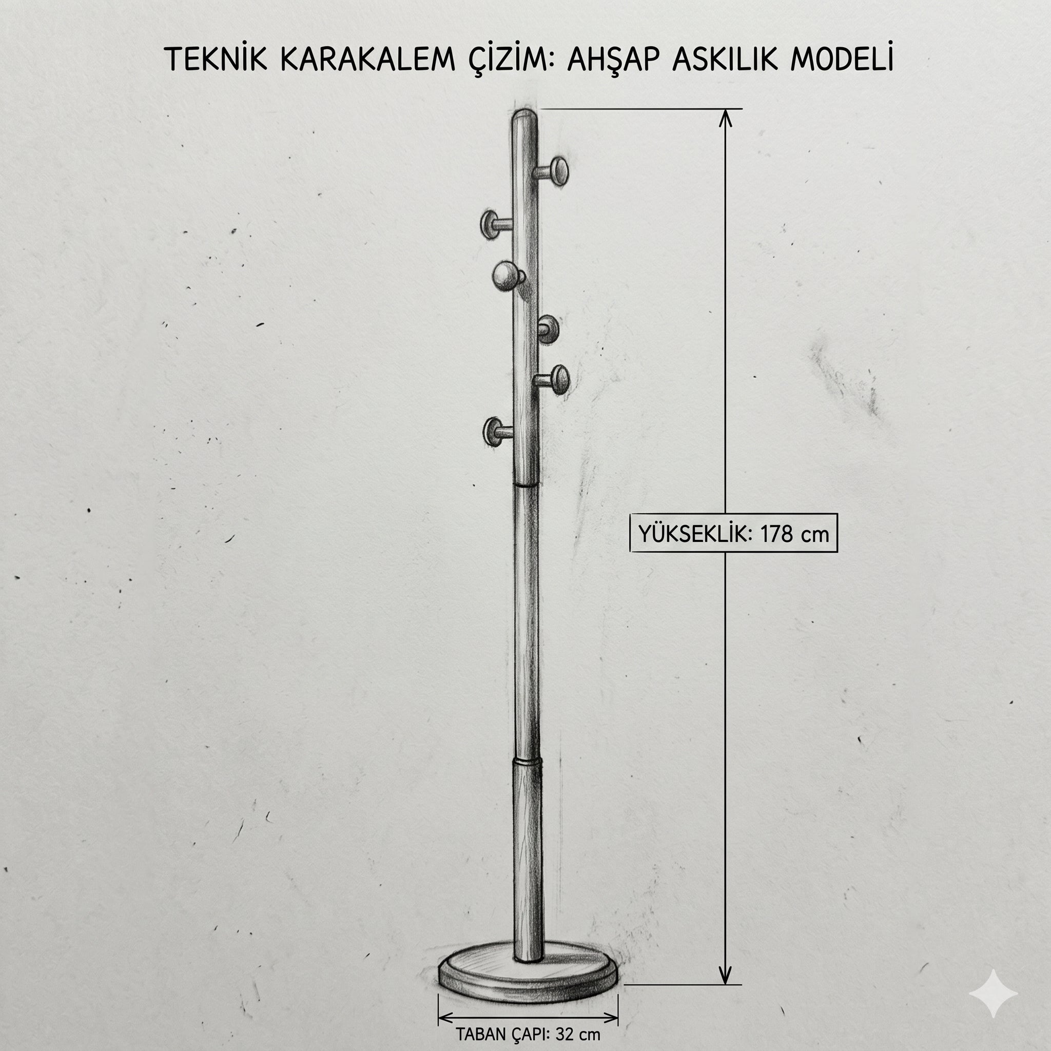 HASAGAÇ Torre Askılık Siyah Ahşap | Modern Tasarım Portmanto Dilsiz Uşak - 178 cm