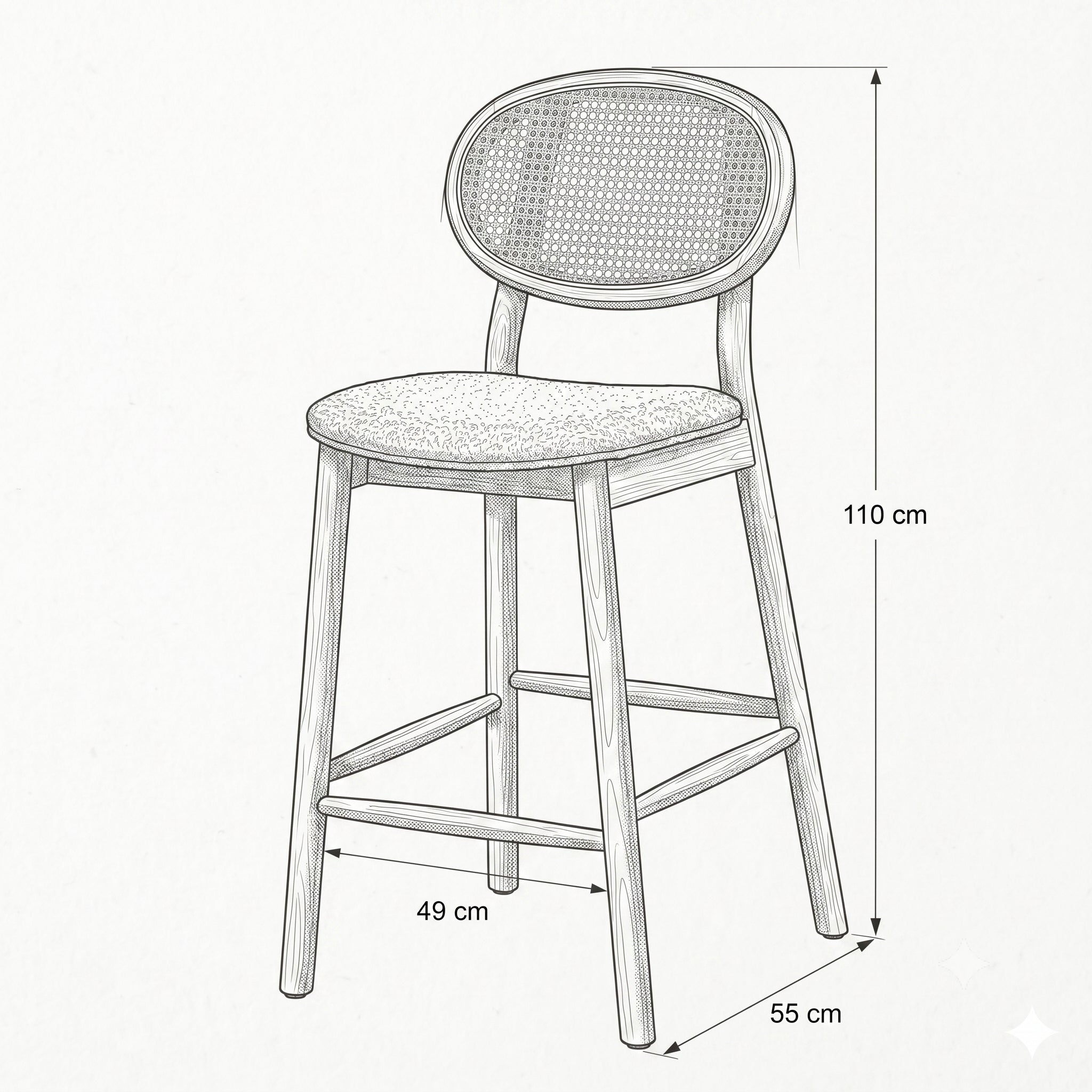 HASAGAÇ Venosa 8750 Ceviz Ahşap Hasır Sırtlı Bej Kumaş Bar Sandalyesi (49x55x110 cm)