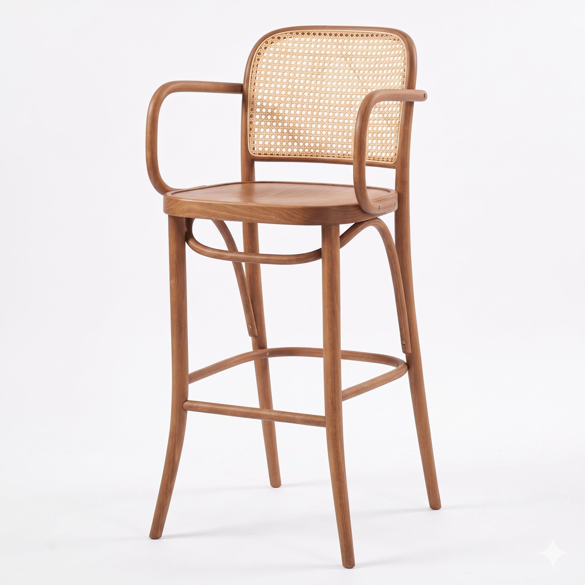 HASAGAÇ Verona Natürel Ahşap Rattan Hasır Örgü Sırtlı Kolçaklı Bar Sandalyesi 52x48x107Y cm