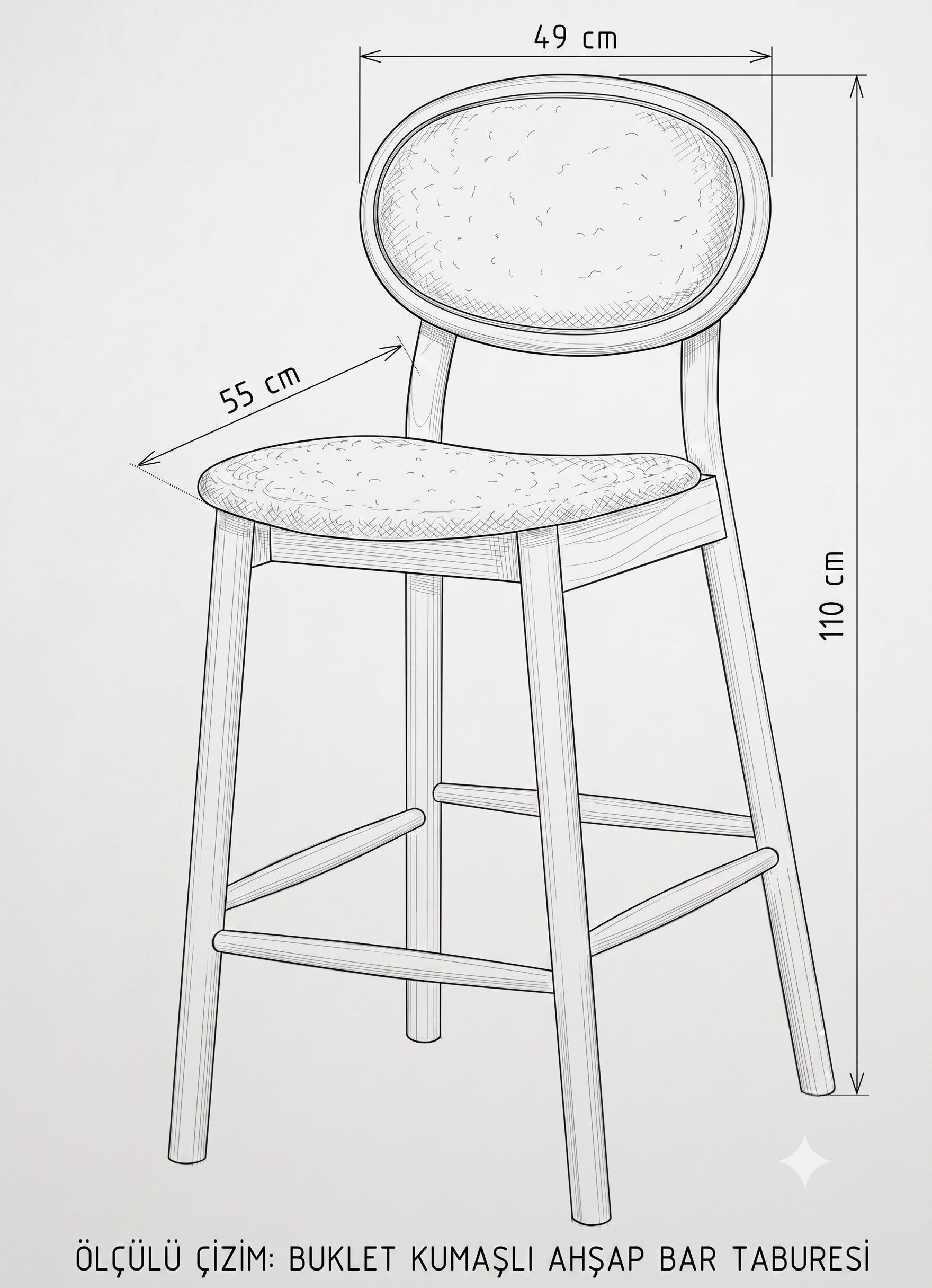 HASAGAÇ Bernalda Ceviz Ahşap Krem Buklet Kumaş Bar Sandalyesi 49x55x110Y cm