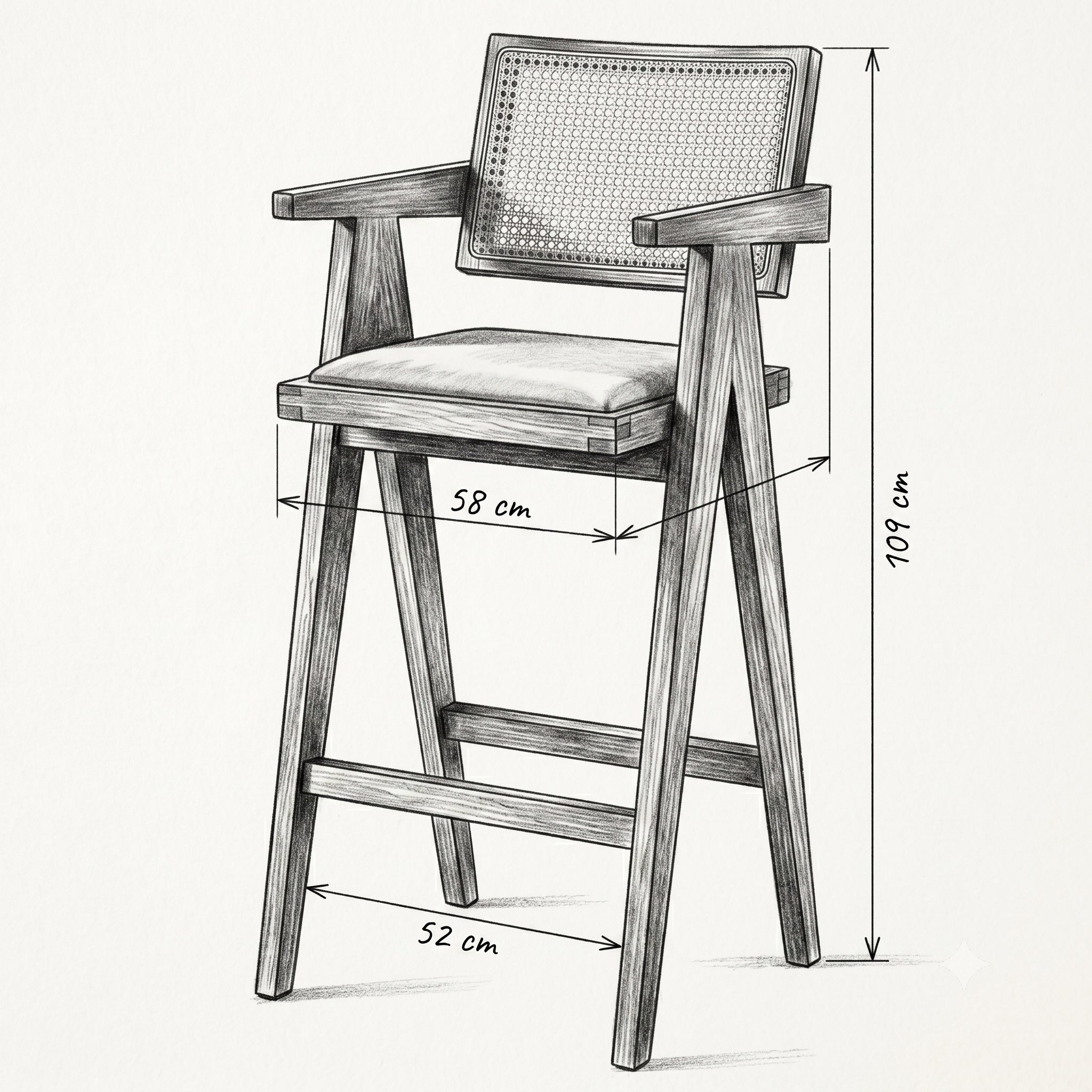HASAGAÇ Mare 9250 Walnut Color Solid Wood Rattan Arm Bar Stool - Beige Linen Seating