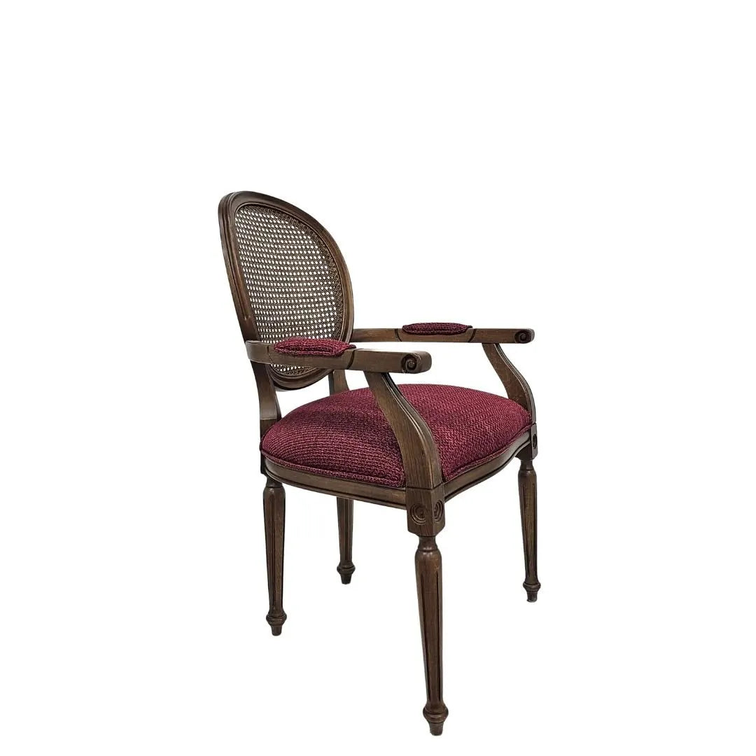 HASAGAÇ Ligu Klasik Bordo Ahşap Sandalye | Rattan Sırtlı, Kolçaklı Yemek & Salon Sandalyesi