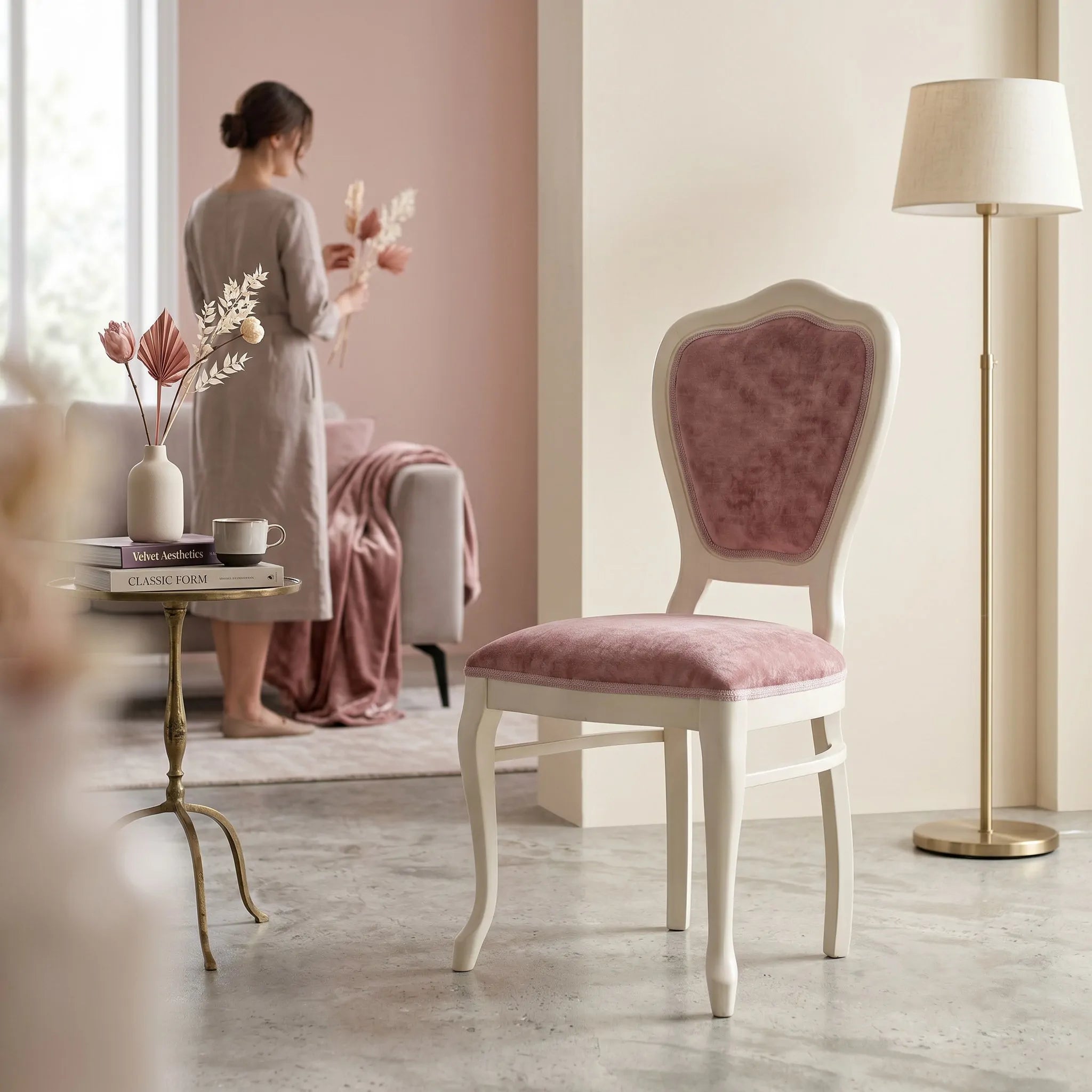 HASAGAÇ Fal Classic Chair | Vintage Wooden Dining Chair with Pink Velvet Detail